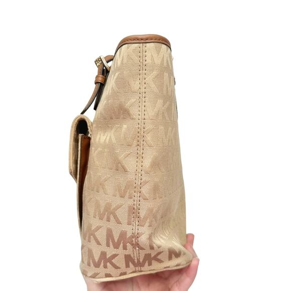 Michael Kors Tan Canvas Monogram Signature Shoulder Bag Tote Purse - Picture 3 of 10